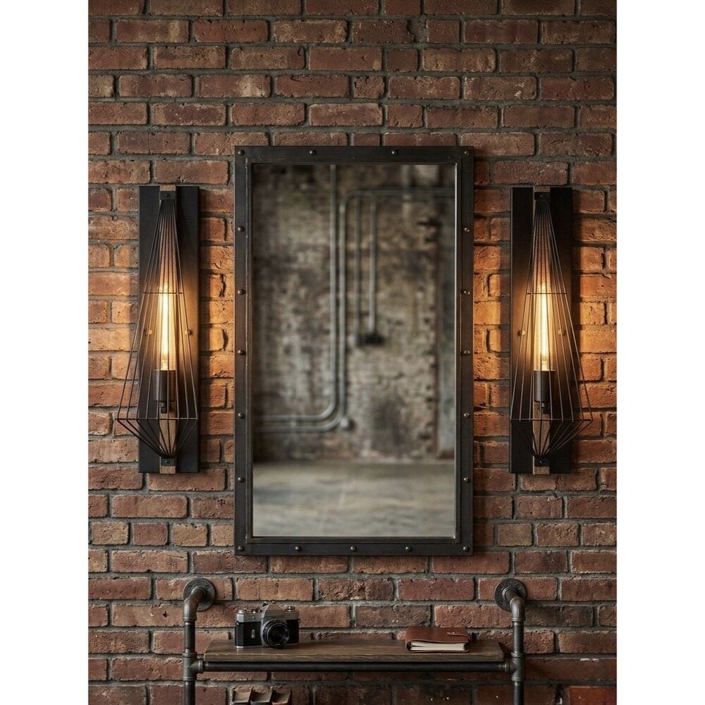 Pair of Vaxcel Dearborn Flush Industrial Sconces  Black Iron Burnished Oak 21.5"